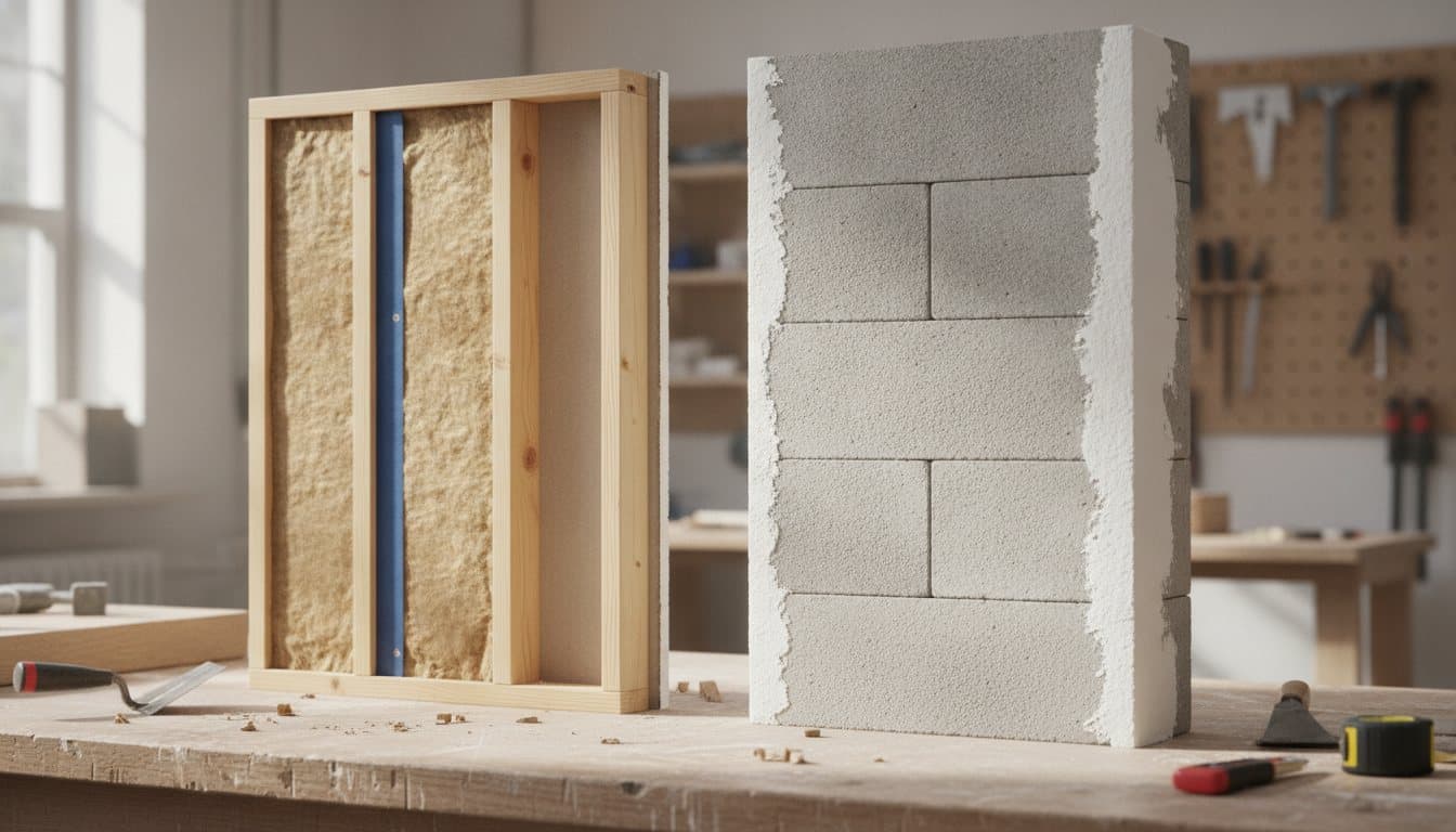 Zwei Wandmuster nebeneinander: links eine Holzrahmenwand mit Dämmung, rechts eine gemauerte Wand aus Porenbetonsteinen