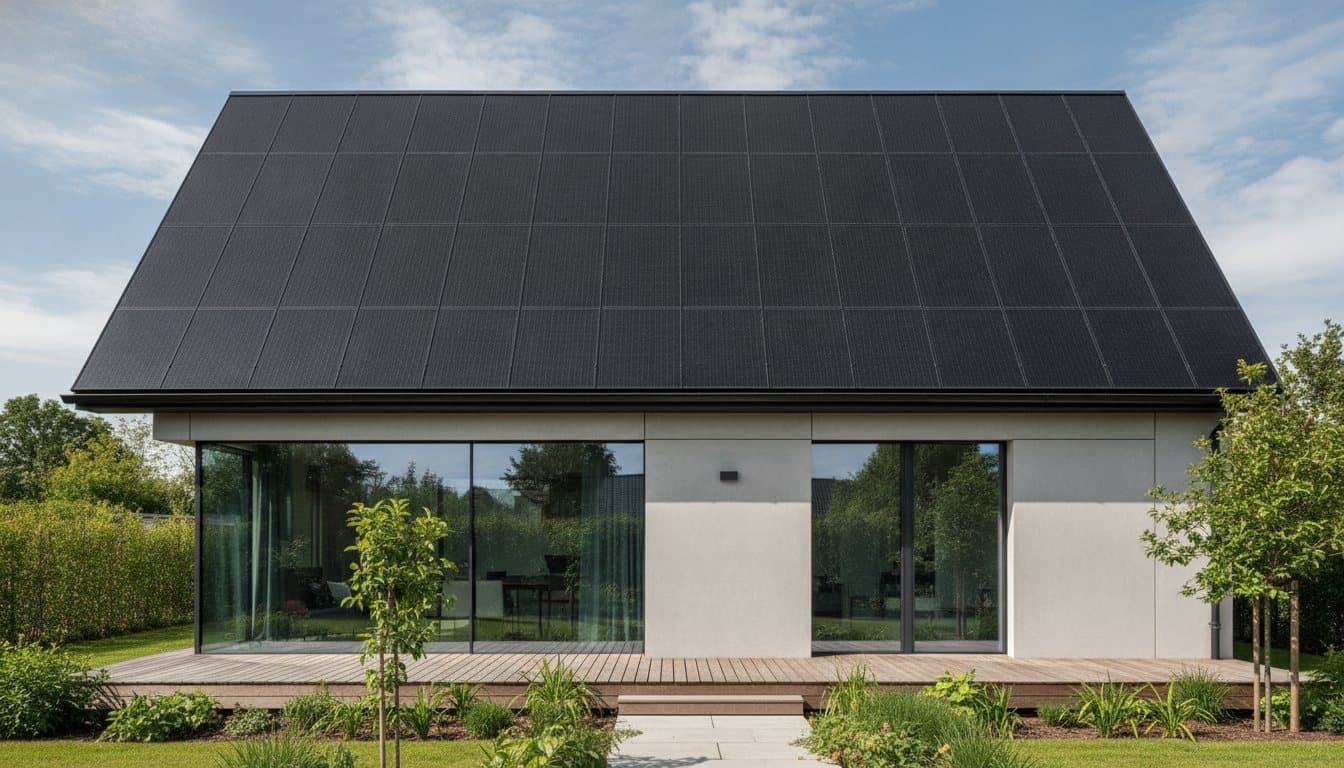 Neubau mit Satteldach, das vollständig mit Photovoltaikmodulen belegt ist
