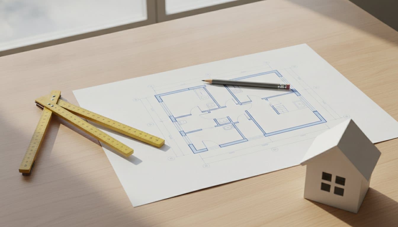 Grundrissplan, Zollstock, Bleistift und ein kleines Hausmodell auf einem Schreibtisch