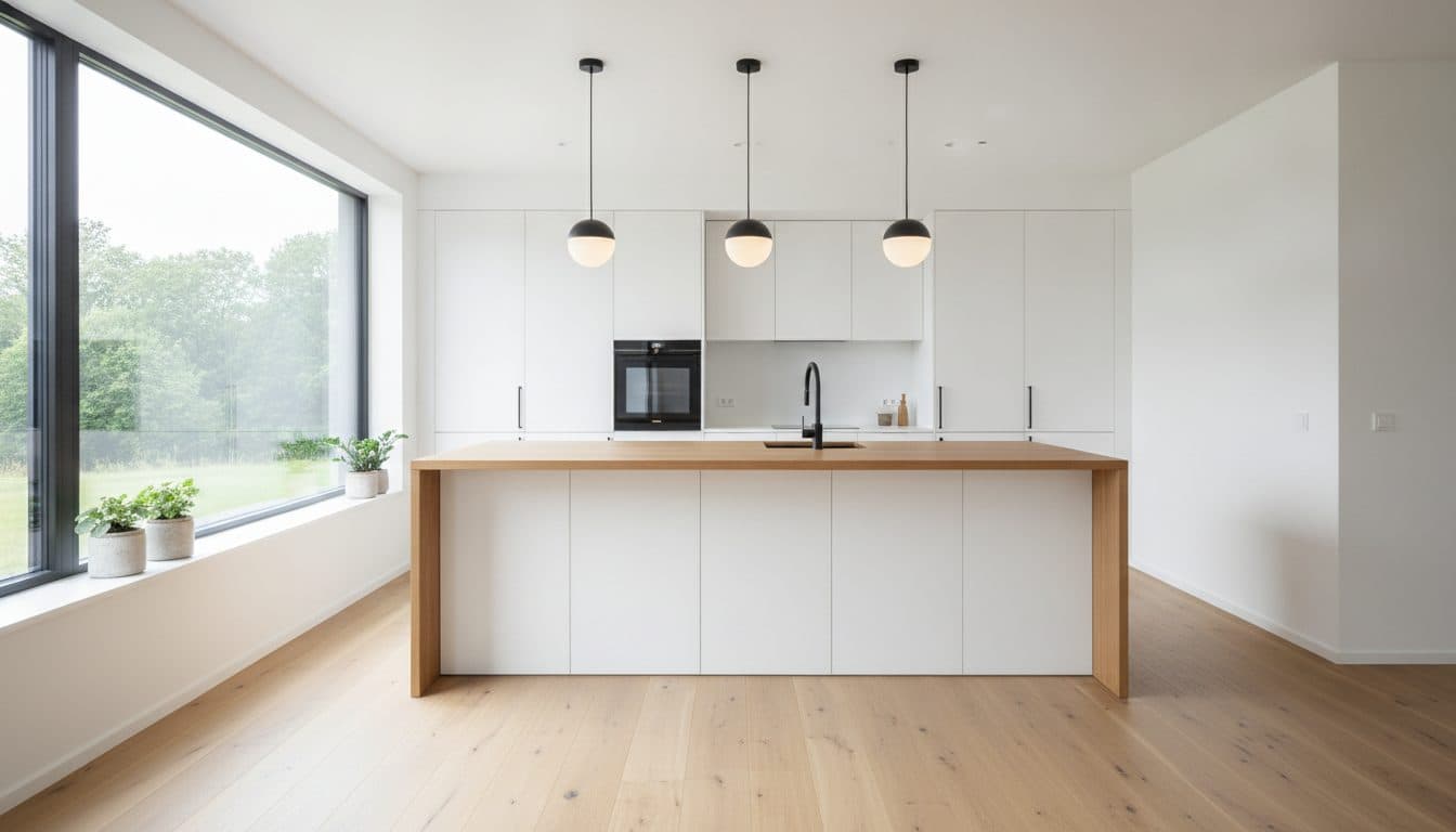 Moderne Küche mit Kochinsel in einem hellen Neubau
