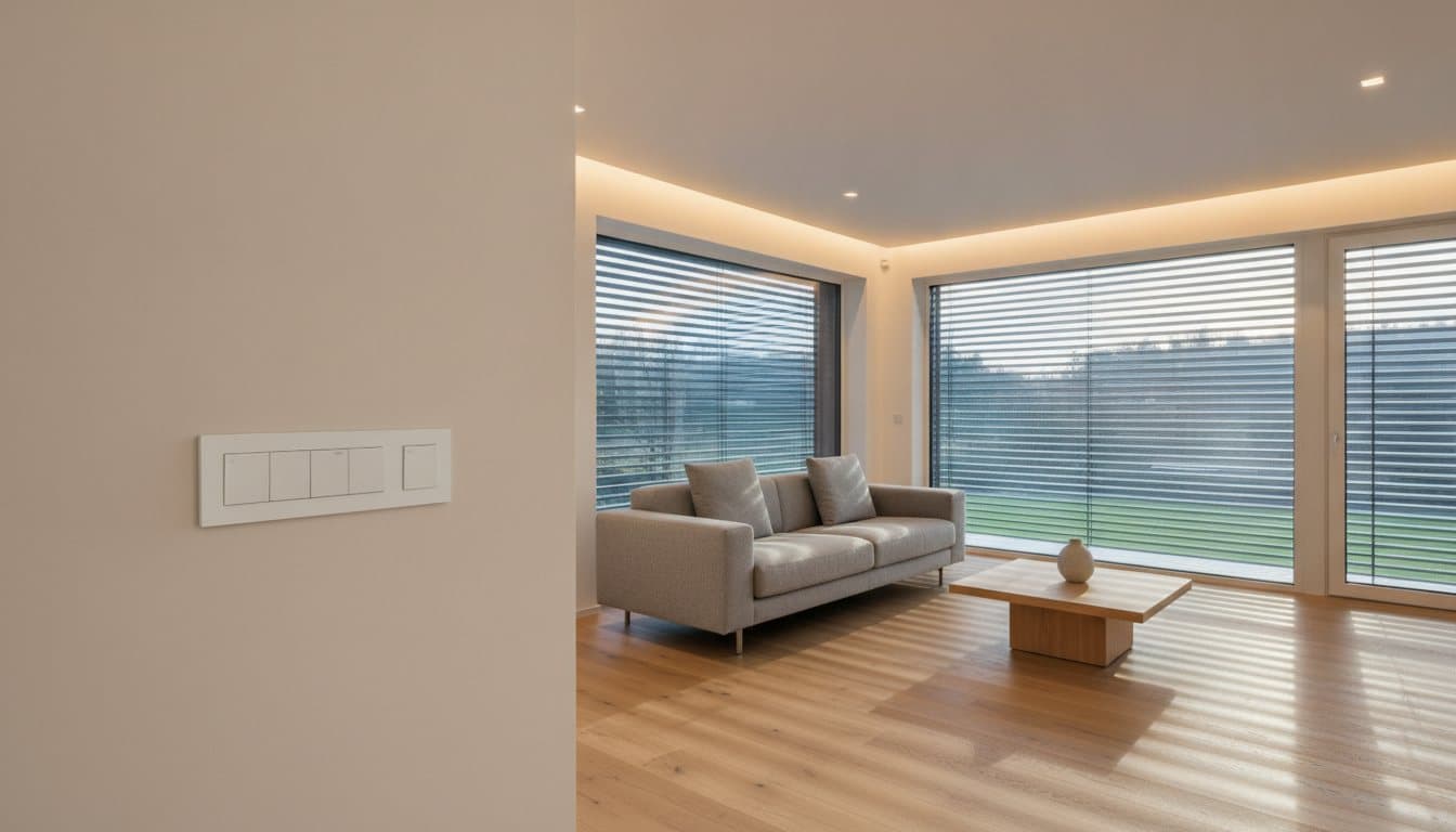 Heller Wohnraum mit automatischer Verschattung und Bedienfeld an der Wand